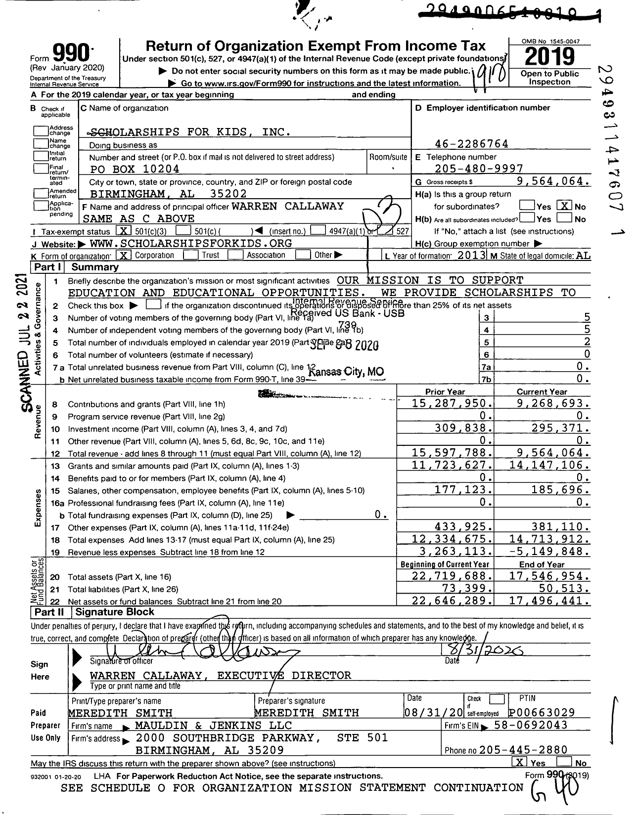 Image of first page of 2019 Form 990 for Scholarships for Kids