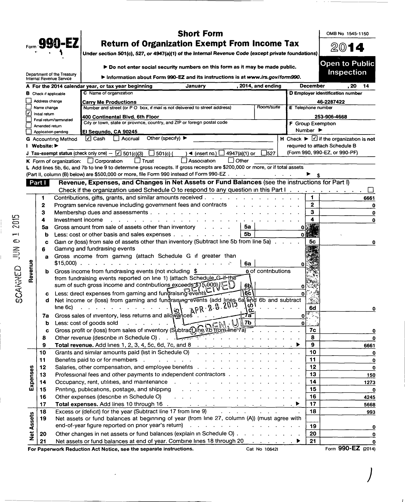 Image of first page of 2014 Form 990EZ for Carry Me Productions