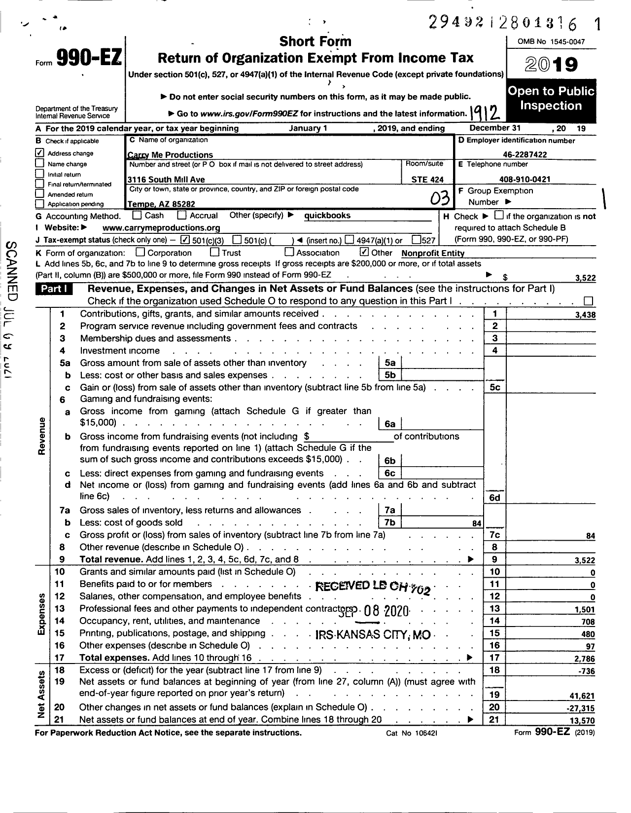 Image of first page of 2019 Form 990EZ for Carry Me Productions