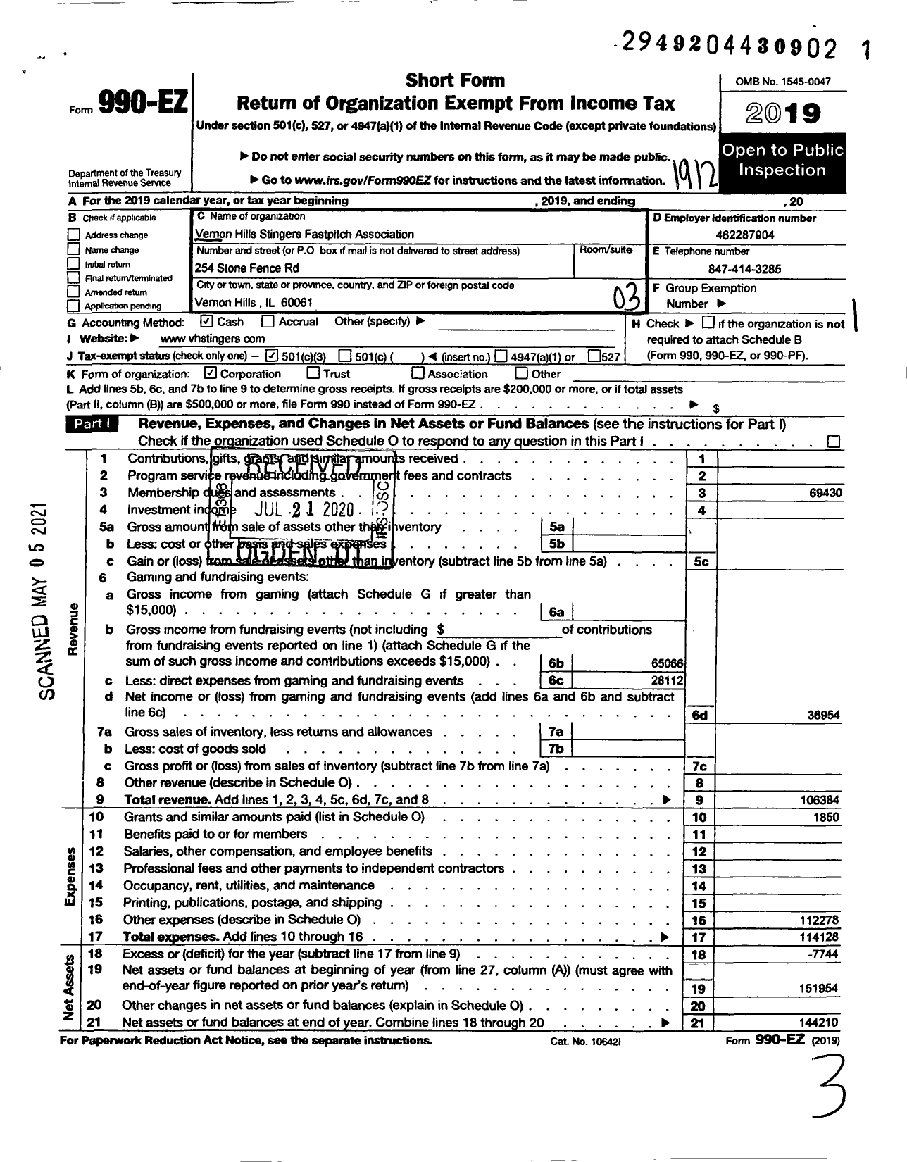 Image of first page of 2019 Form 990EZ for Vernon Hills Stingers Fastpitch Pitch Association