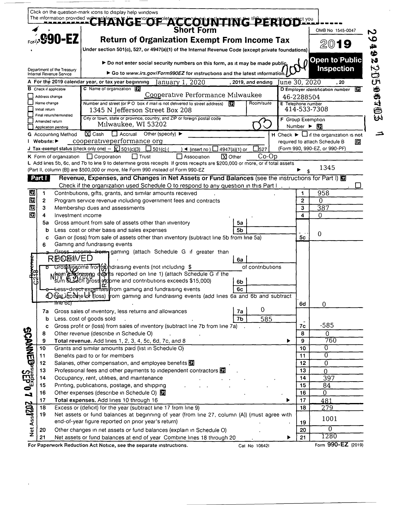 Image of first page of 2019 Form 990EZ for Cooperative Performance Milwaukee