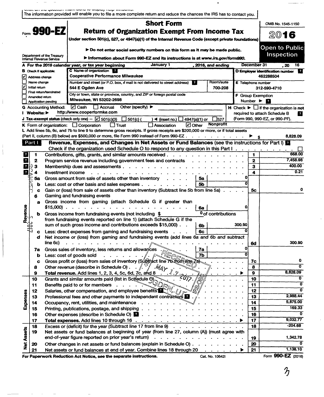 Image of first page of 2016 Form 990EZ for Cooperative Performance Milwaukee