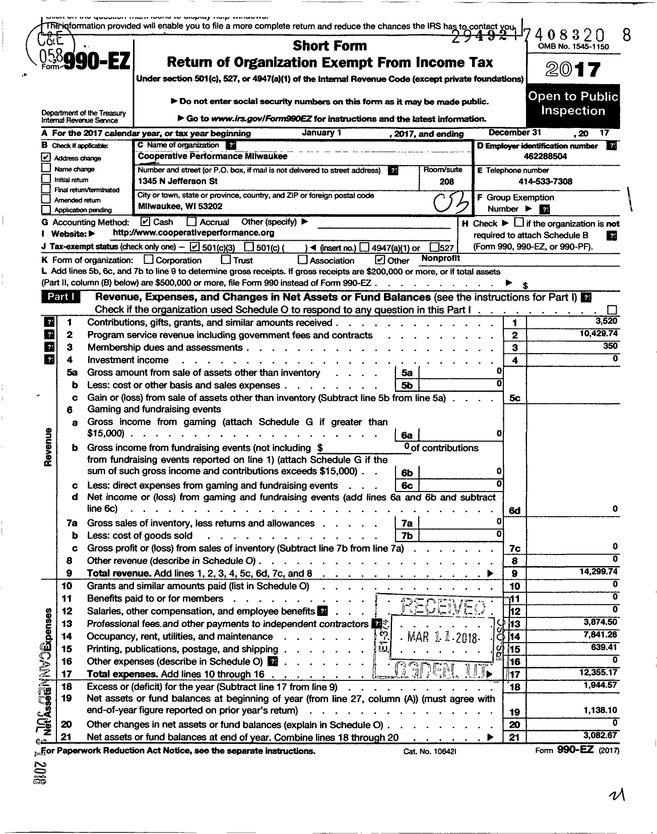 Image of first page of 2017 Form 990EZ for Cooperative Performance Milwaukee