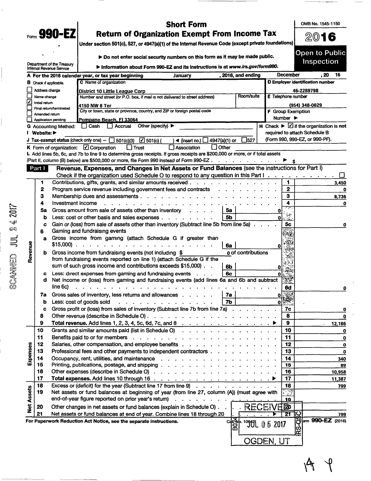 Image of first page of 2016 Form 990EO for Little League Baseball - 3091000 Brian Johnson