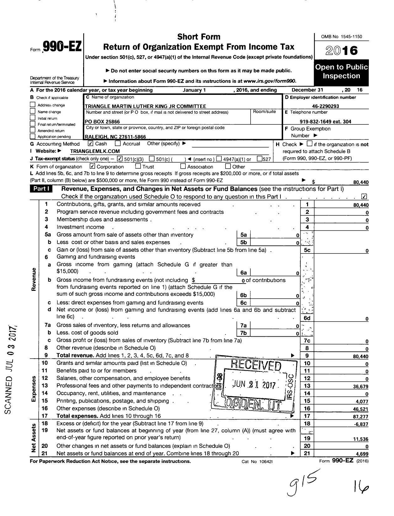 Image of first page of 2016 Form 990EZ for Triangle Martin Luther King Committee