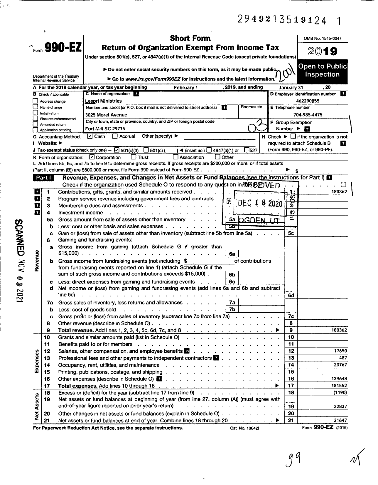 Image of first page of 2019 Form 990EZ for Lespri Ministries