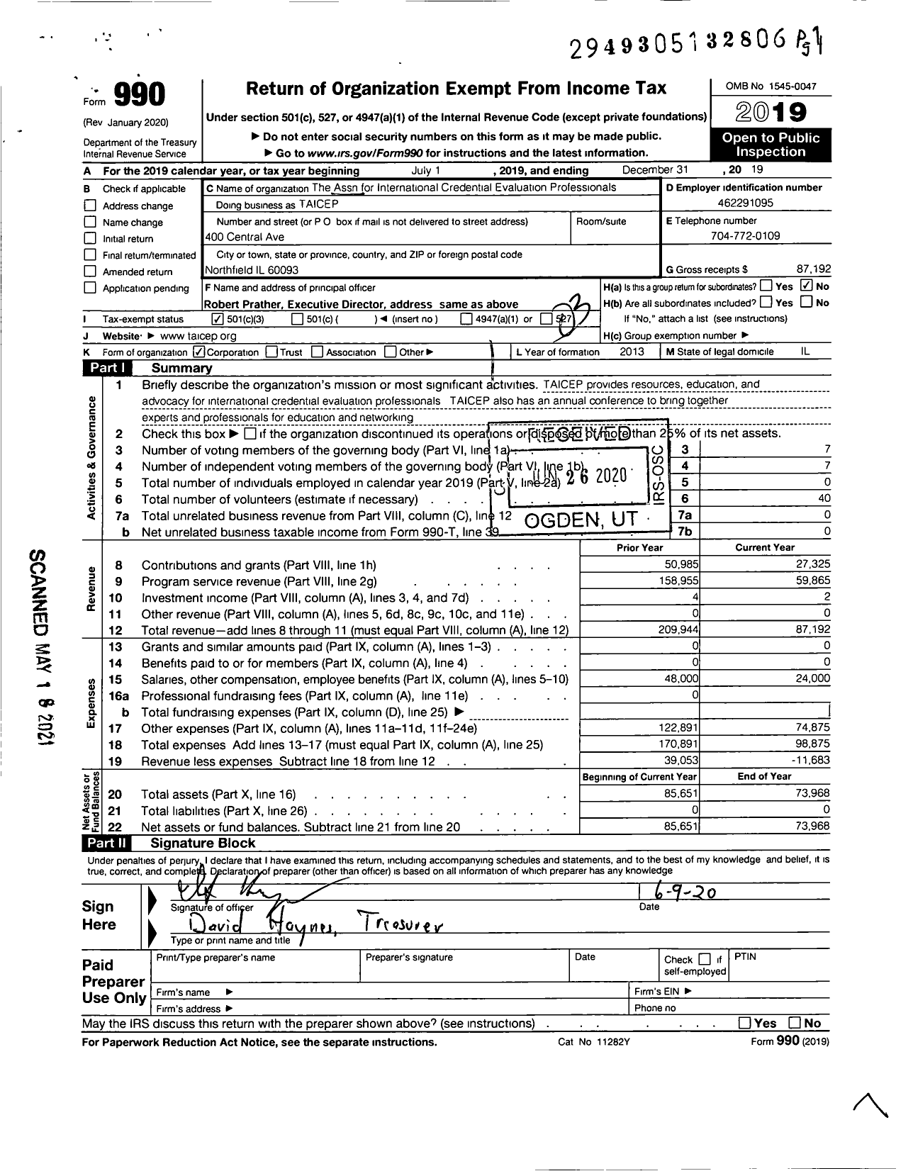 Image of first page of 2019 Form 990 for The Association for International Credential Evaluation Professionals (TAICEP)