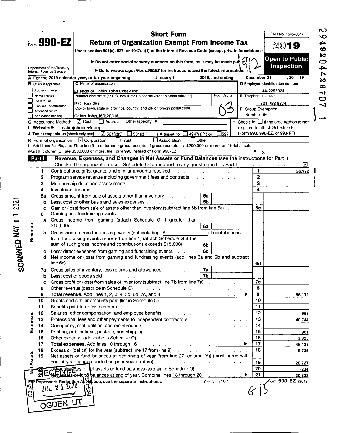 Image of first page of 2019 Form 990EZ for Friends of Cabin John Creek