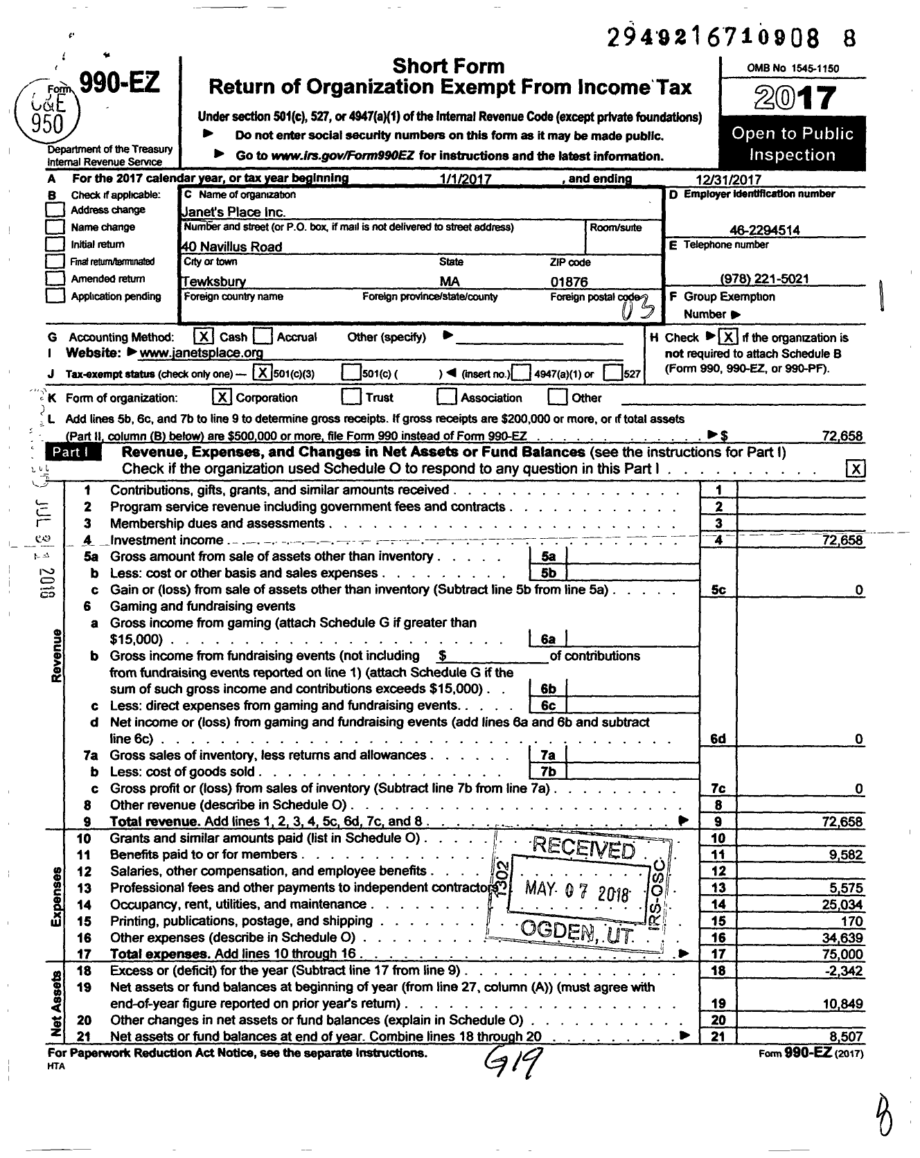 Image of first page of 2017 Form 990EZ for Janets Place