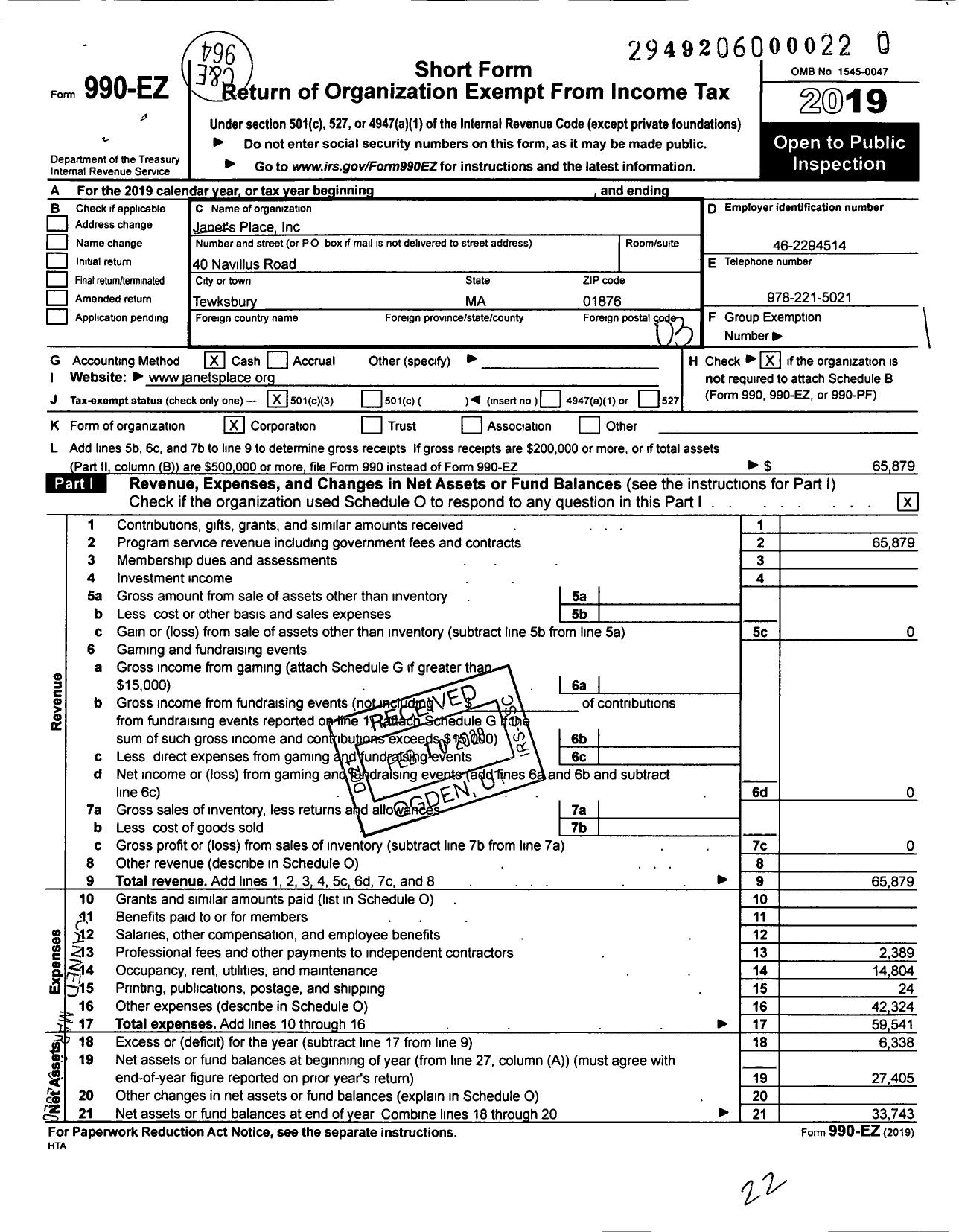 Image of first page of 2019 Form 990EZ for Janets Place