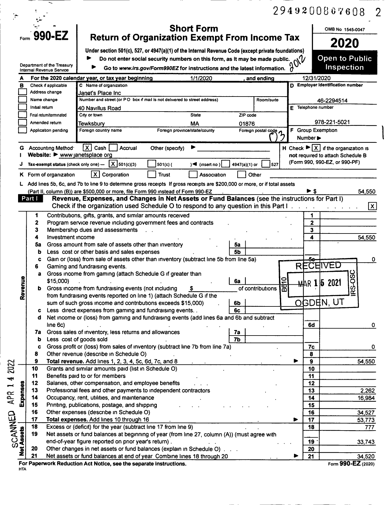 Image of first page of 2020 Form 990EZ for Janets Place