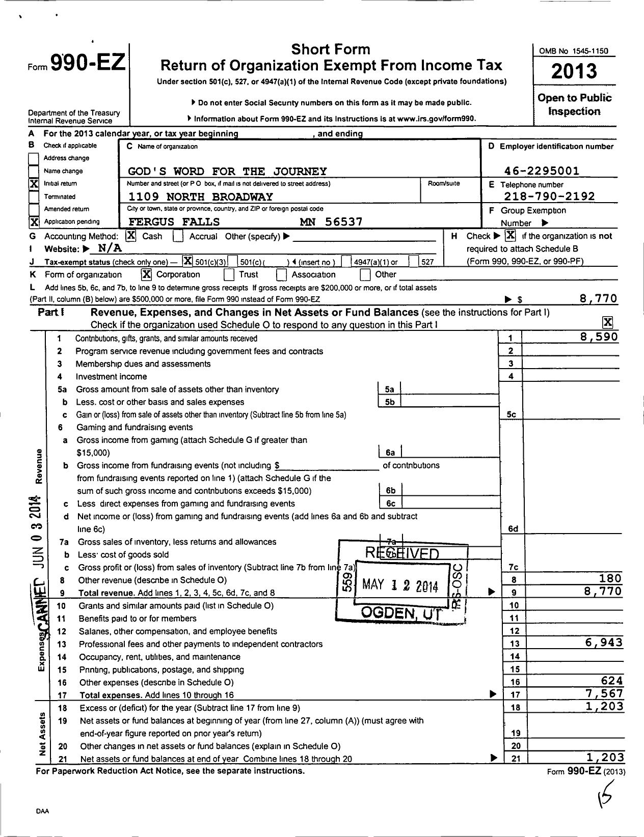 Image of first page of 2013 Form 990EZ for God's Word for the Journey