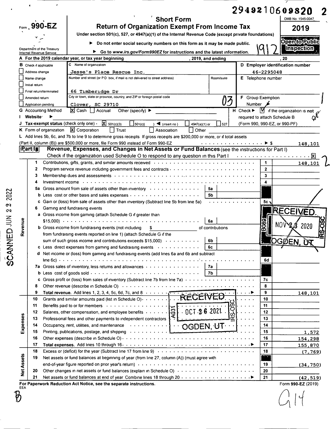 Image of first page of 2019 Form 990EZ for Jesses Place Rescue