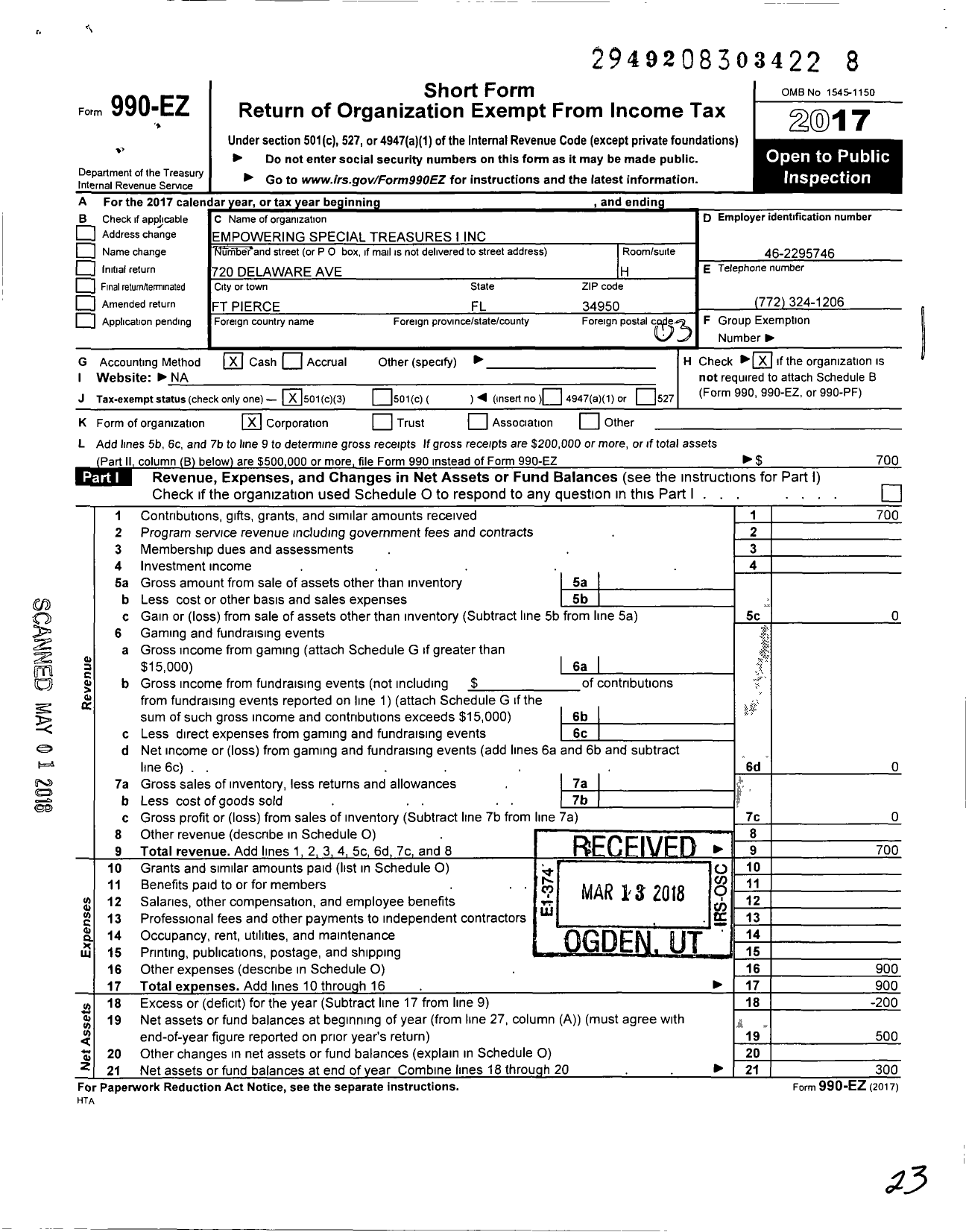 Image of first page of 2017 Form 990EZ for Empowering Special Treasures I