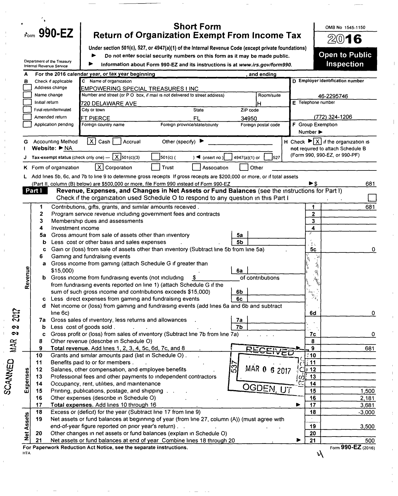 Image of first page of 2016 Form 990EZ for Empowering Special Treasures I