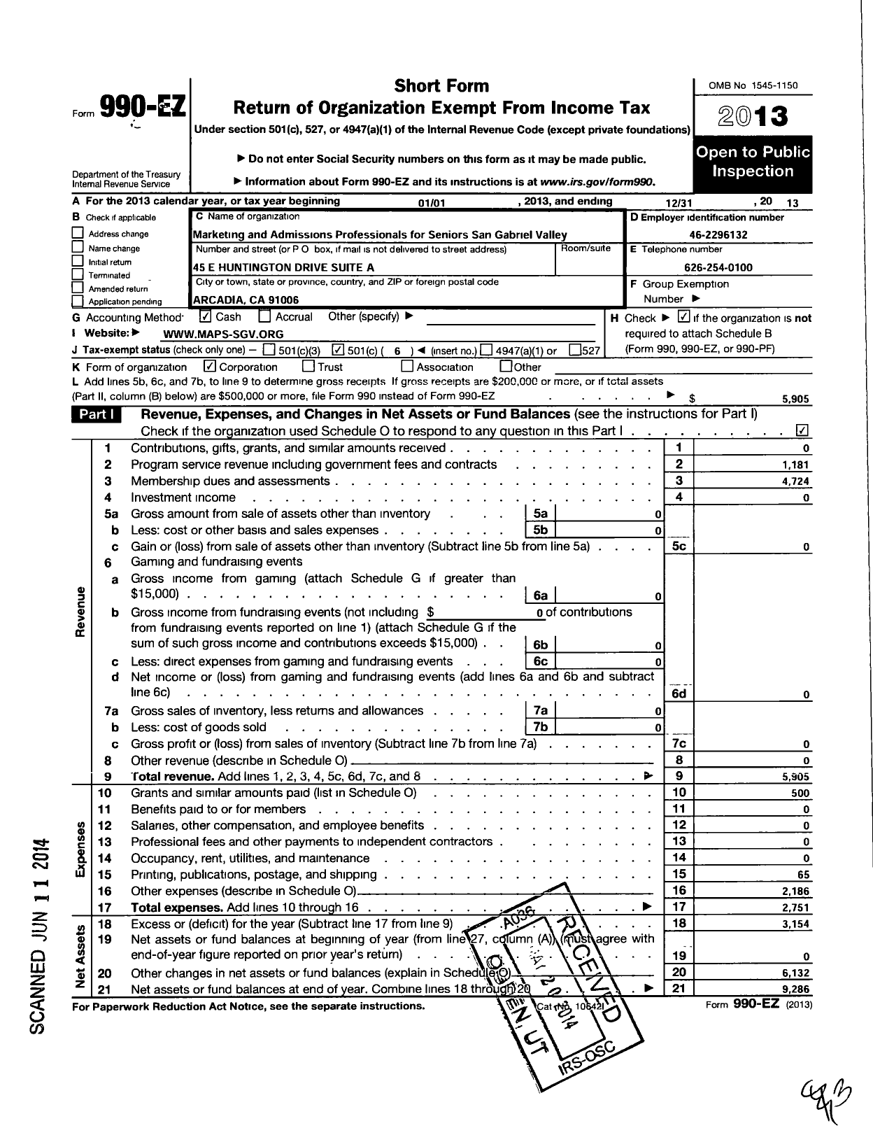 Image of first page of 2013 Form 990EO for Marketing and Admissions Professionals for Seniors San Gabriel