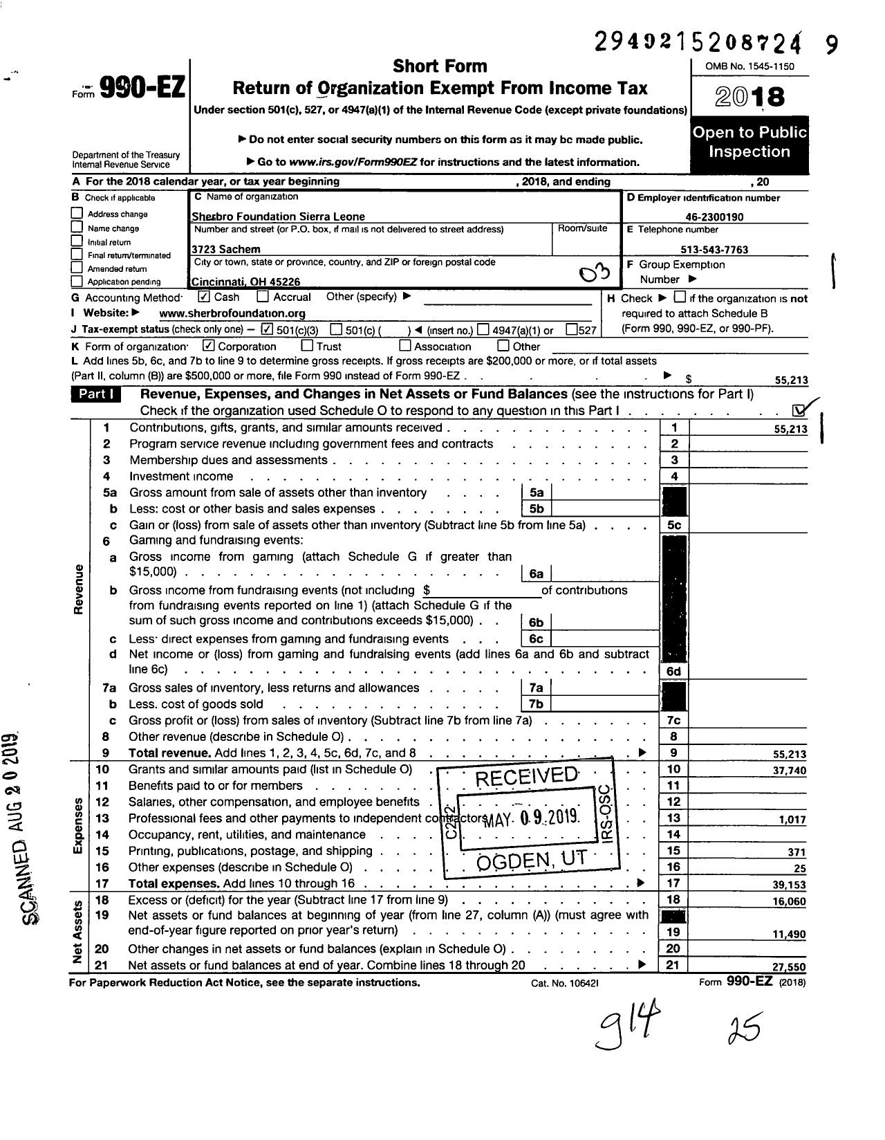 Image of first page of 2018 Form 990EZ for Sherbro Foundation Sierra Leone