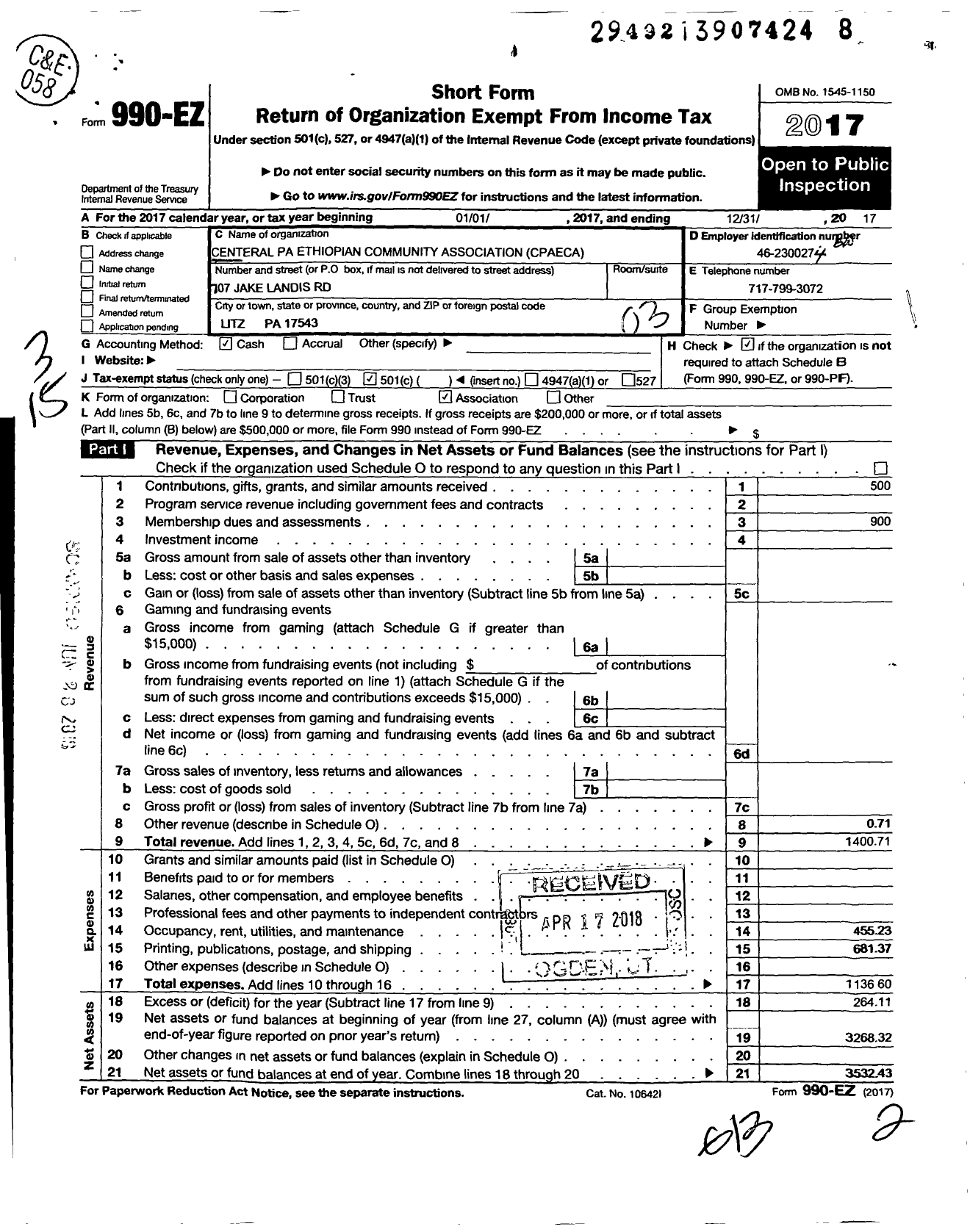 Image of first page of 2017 Form 990EZ for Central Pennsylvania Ethiopian Comm Association (CPAECA)