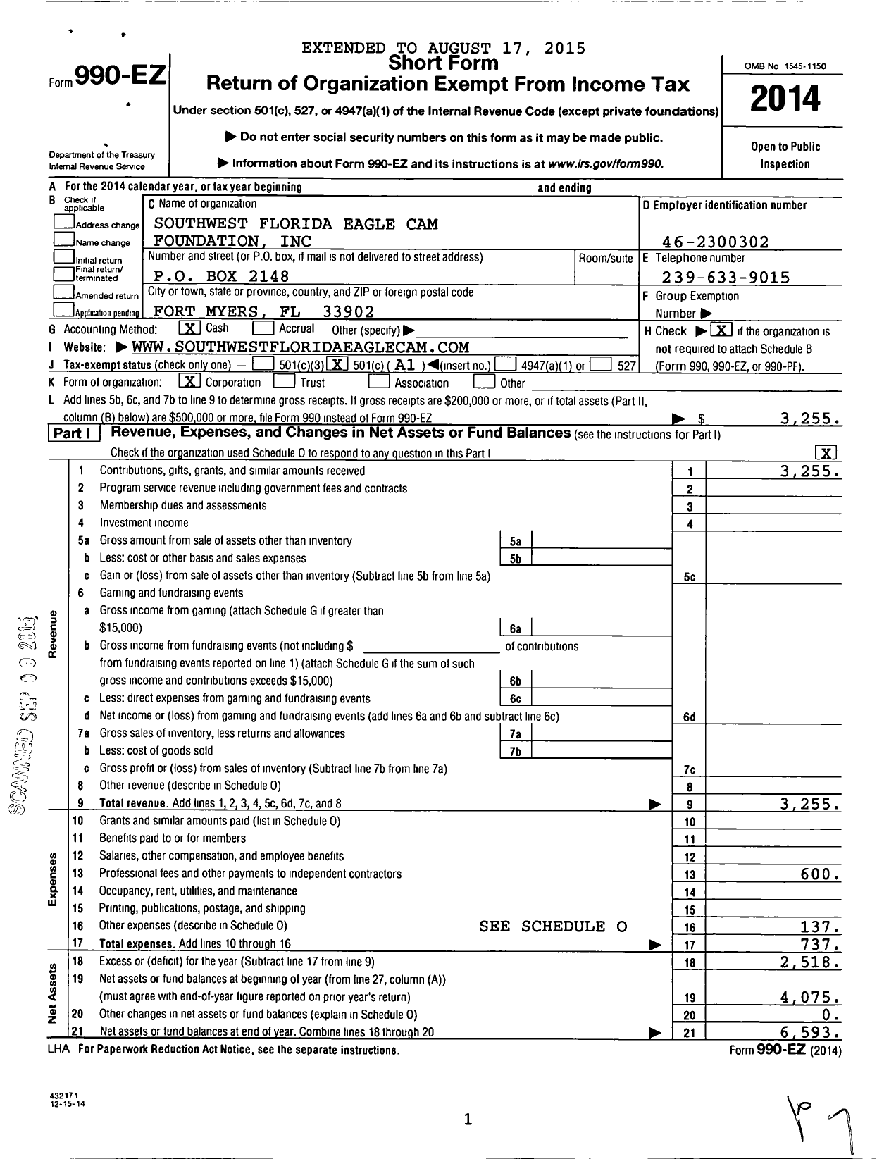 Image of first page of 2014 Form 990EO for Southwest Florida Eagle Cam Foundation