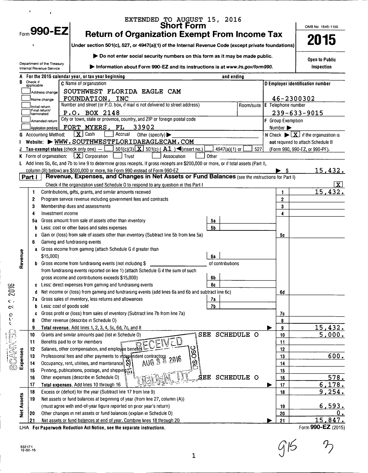 Image of first page of 2015 Form 990EO for Southwest Florida Eagle Cam Foundation