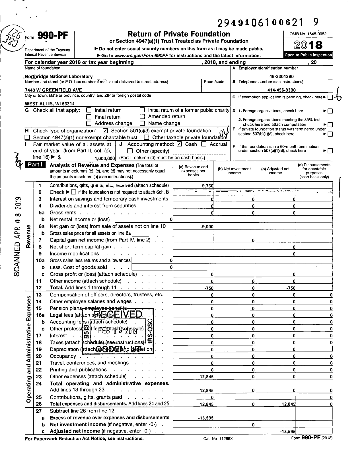 Image of first page of 2018 Form 990PF for Northridge National Laboratory