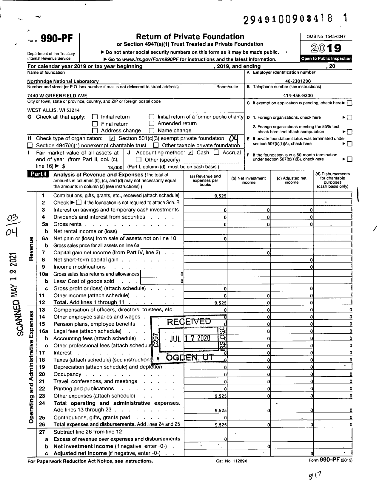 Image of first page of 2019 Form 990PF for Northridge National Laboratory