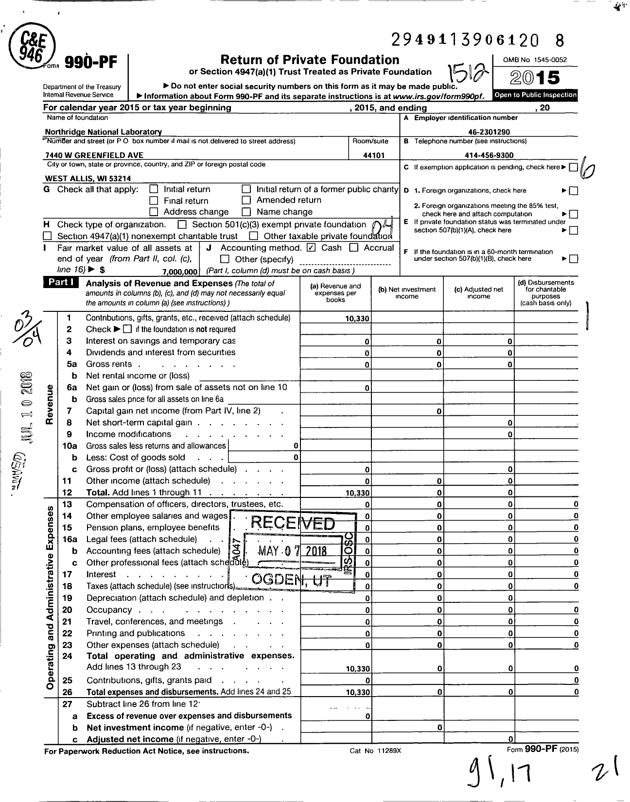Image of first page of 2015 Form 990PF for Northridge National Laboratory