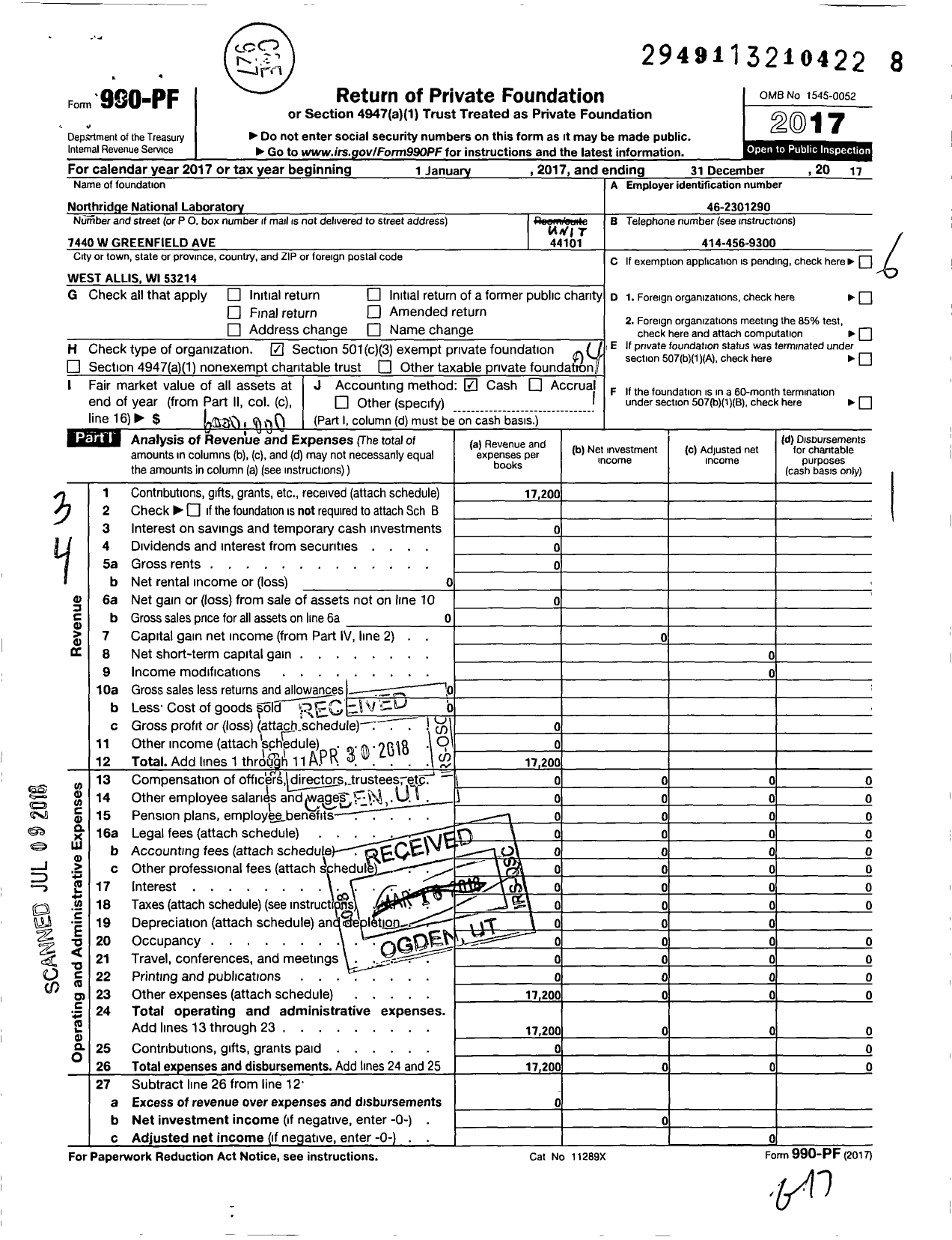 Image of first page of 2017 Form 990PF for Northridge National Laboratory