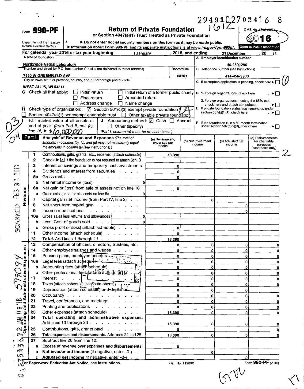 Image of first page of 2016 Form 990PF for Northridge National Laboratory