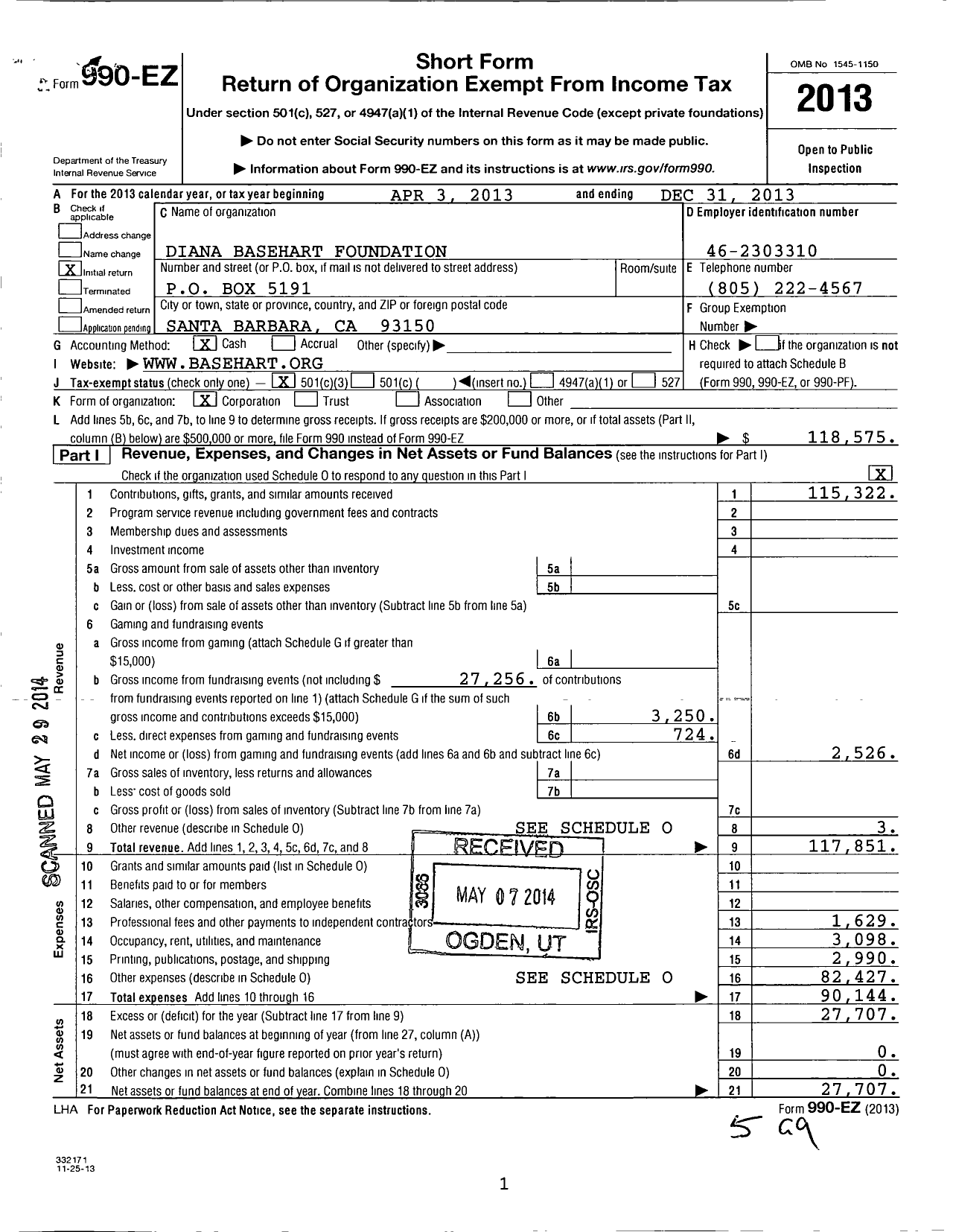 Image of first page of 2013 Form 990EZ for Diana Basehart Foundation