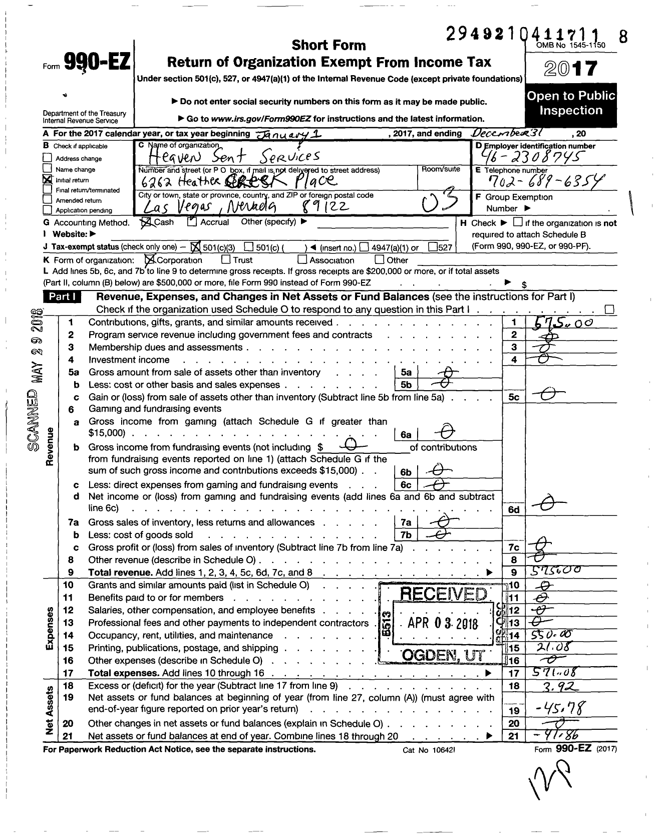 Image of first page of 2017 Form 990EZ for Heaven Sent Services