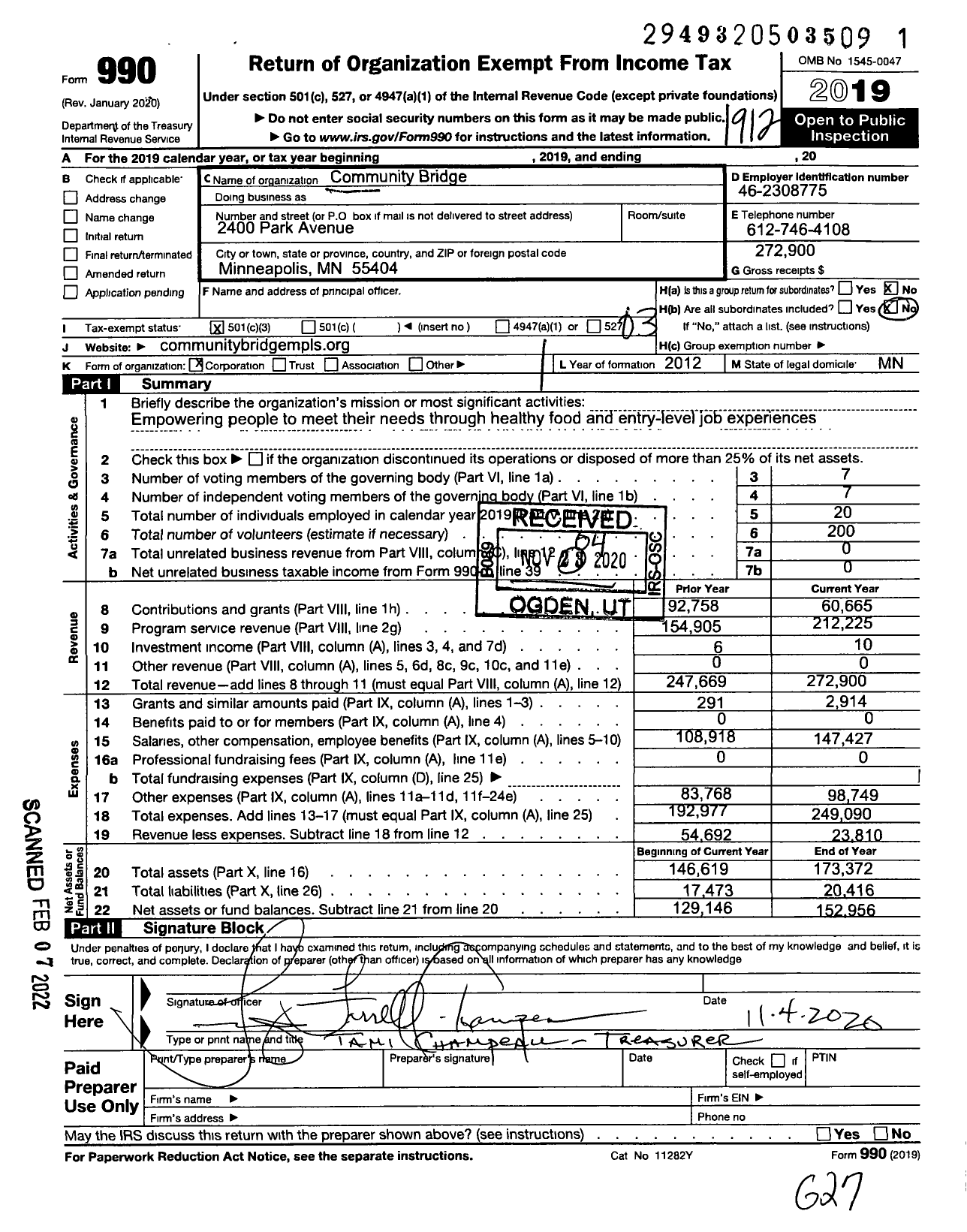 Image of first page of 2019 Form 990 for Community Bridge