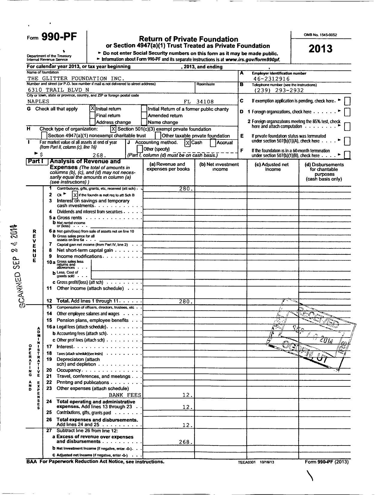 Image of first page of 2013 Form 990PF for The Glitter Foundation