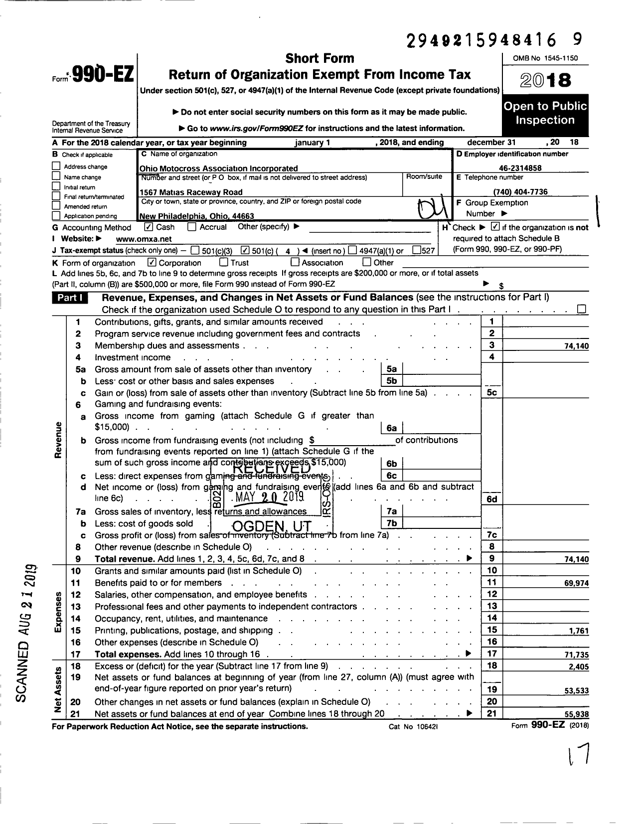 Image of first page of 2018 Form 990EO for Ohio Motocross Association (OMA)