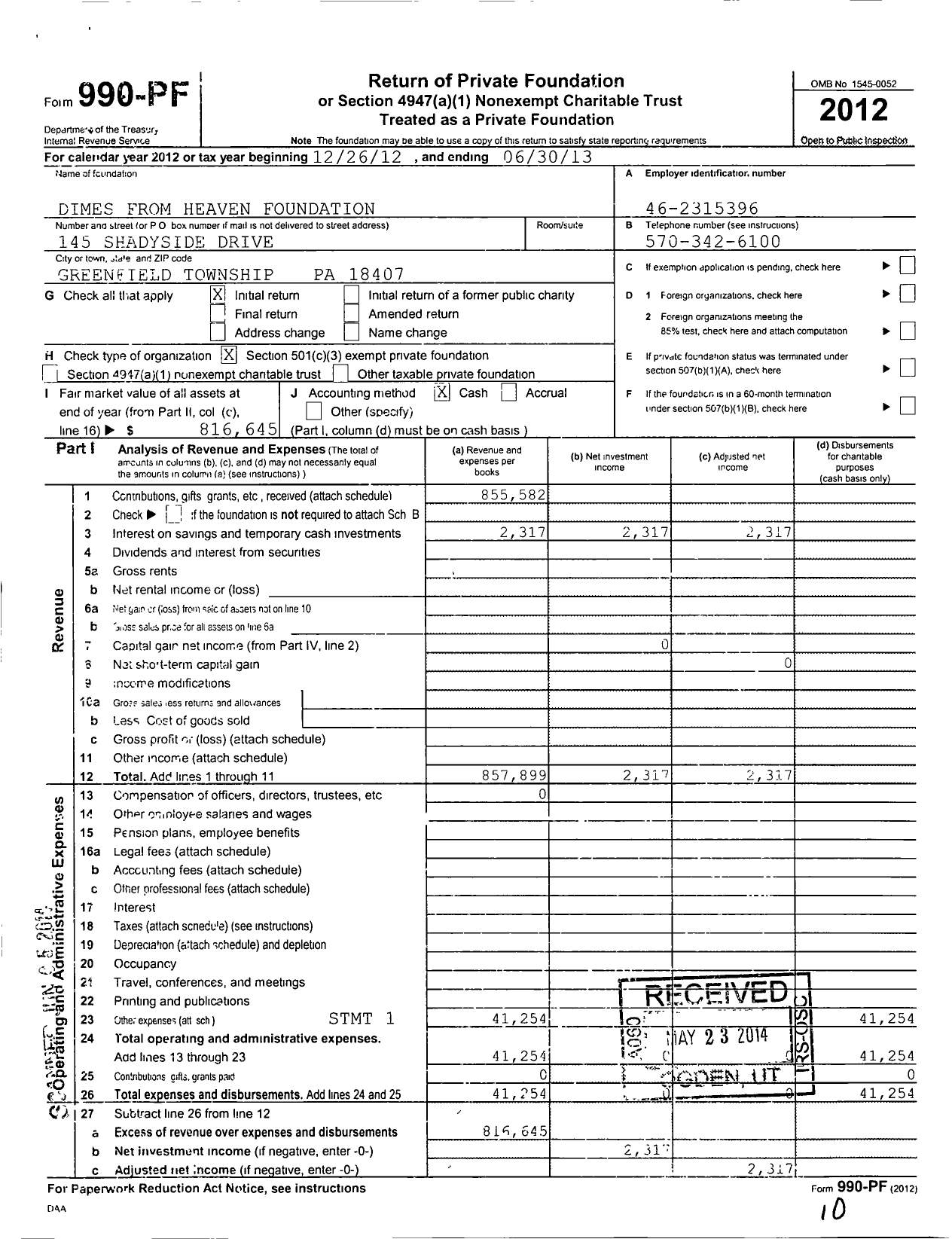 Image of first page of 2012 Form 990PF for Dimes From Heaven Foundation