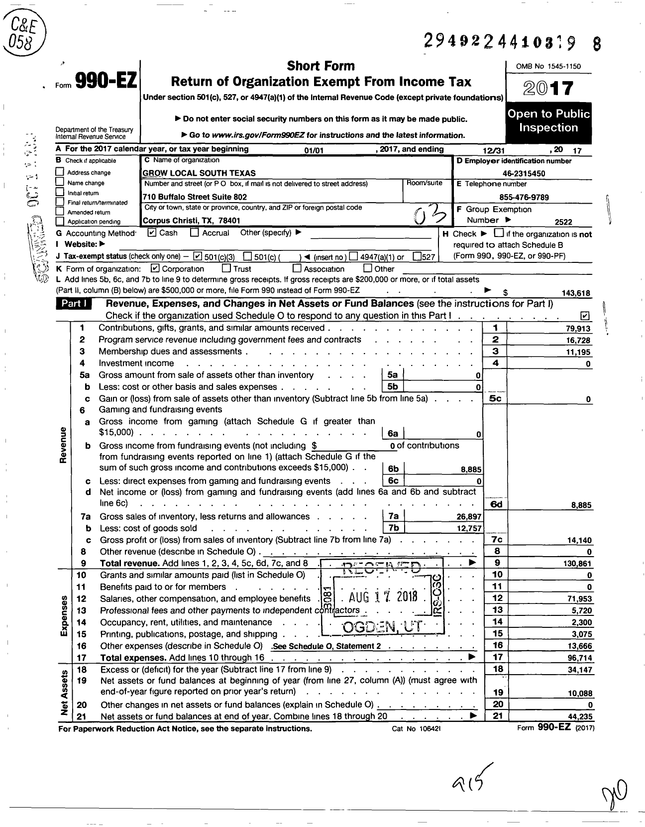 Image of first page of 2017 Form 990EZ for Grow Local South Texas