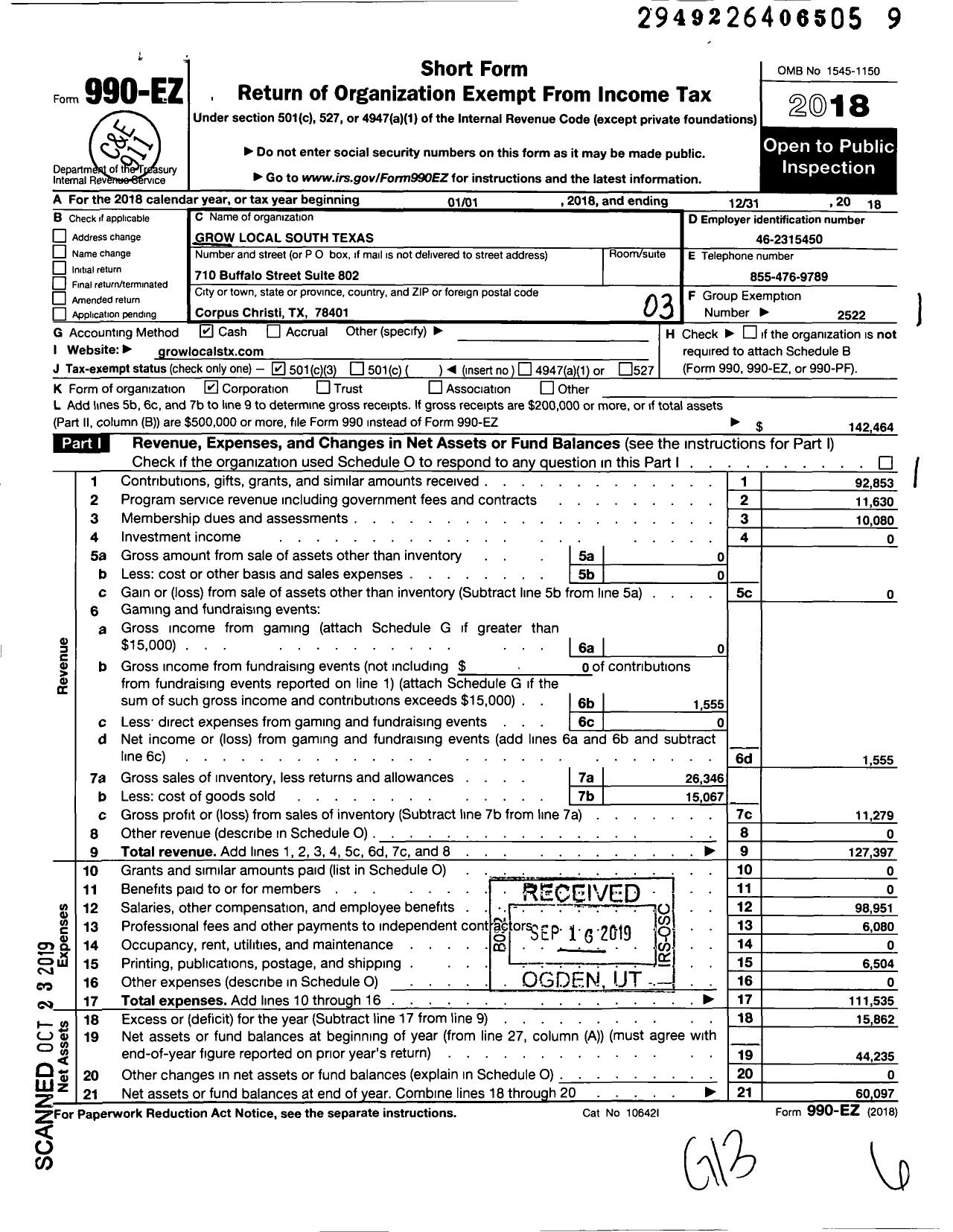 Image of first page of 2018 Form 990EZ for Grow Local South Texas