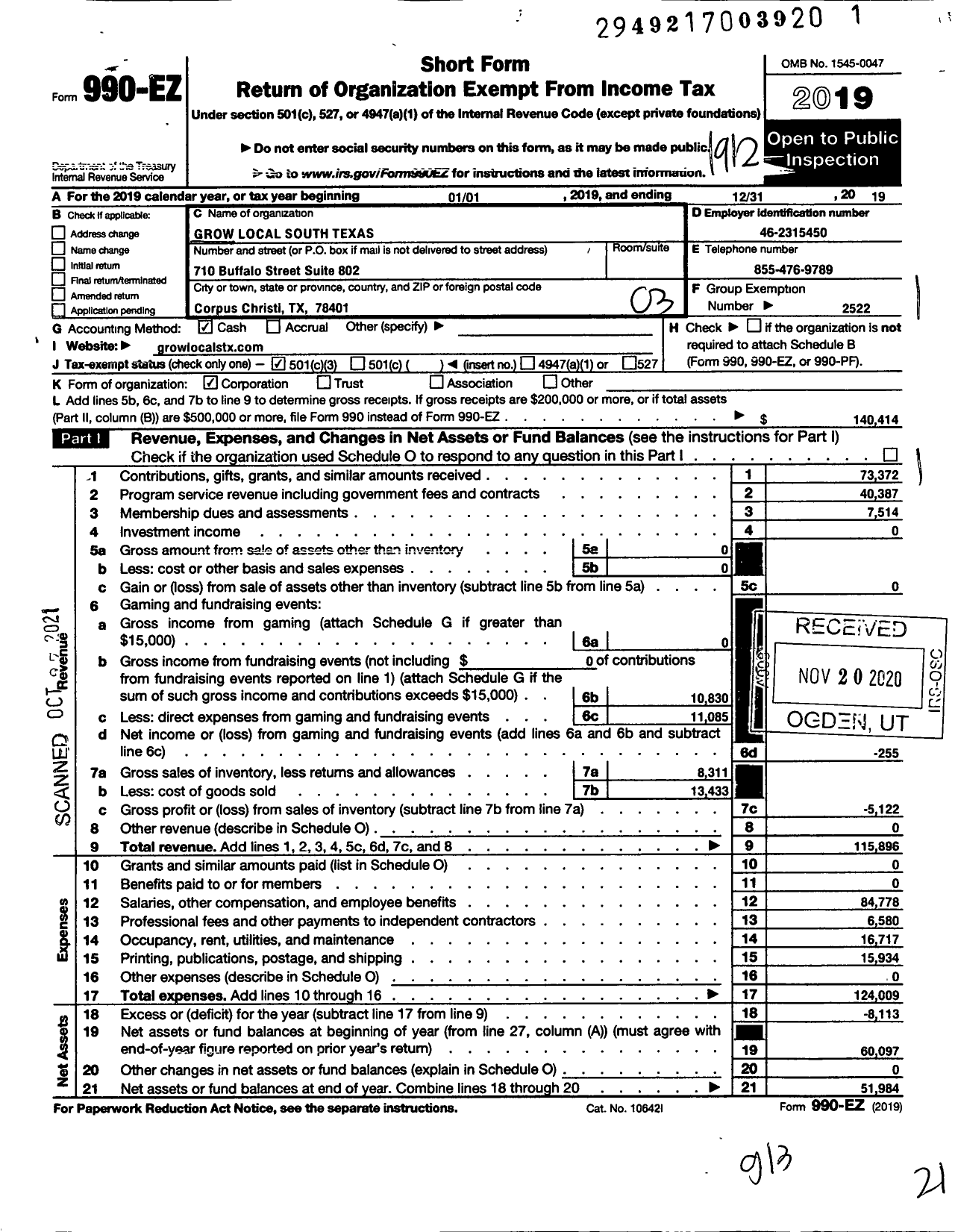 Image of first page of 2019 Form 990EZ for Grow Local South Texas