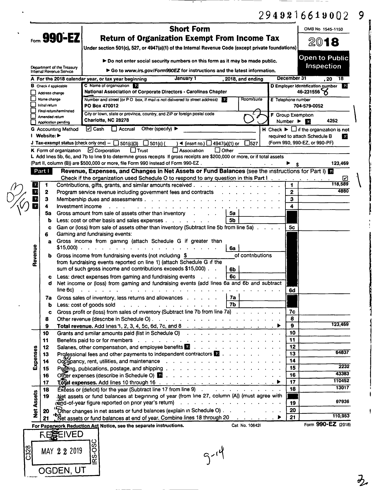 Image of first page of 2018 Form 990EZ for National Association of Corporate Directors Carolinas Chapter