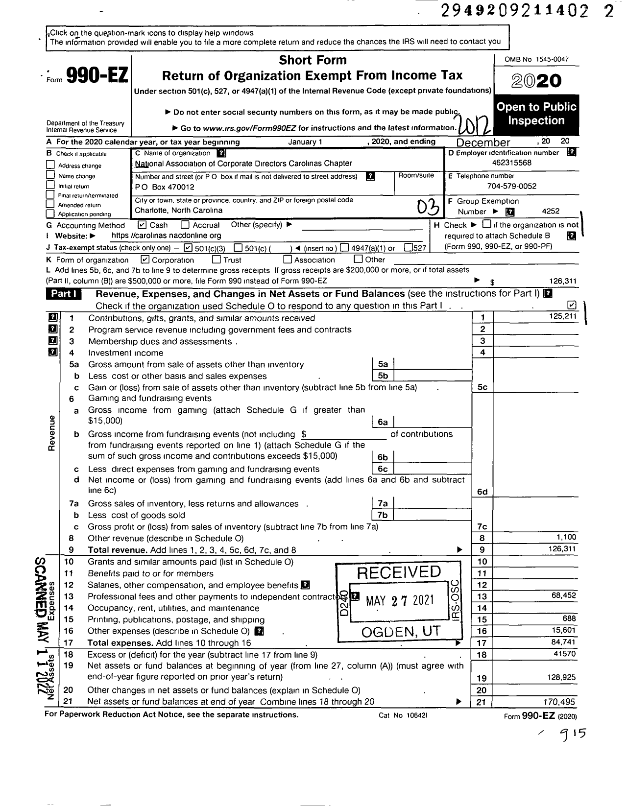 Image of first page of 2020 Form 990EZ for National Association of Corporate Directors Carolinas Chapter