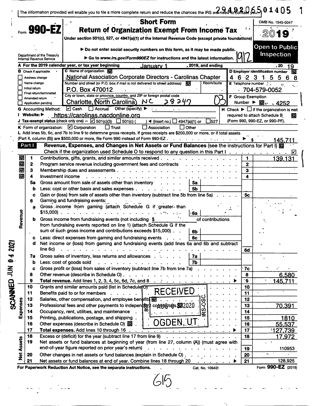 Image of first page of 2019 Form 990EZ for National Association of Corporate Directors Carolinas Chapter