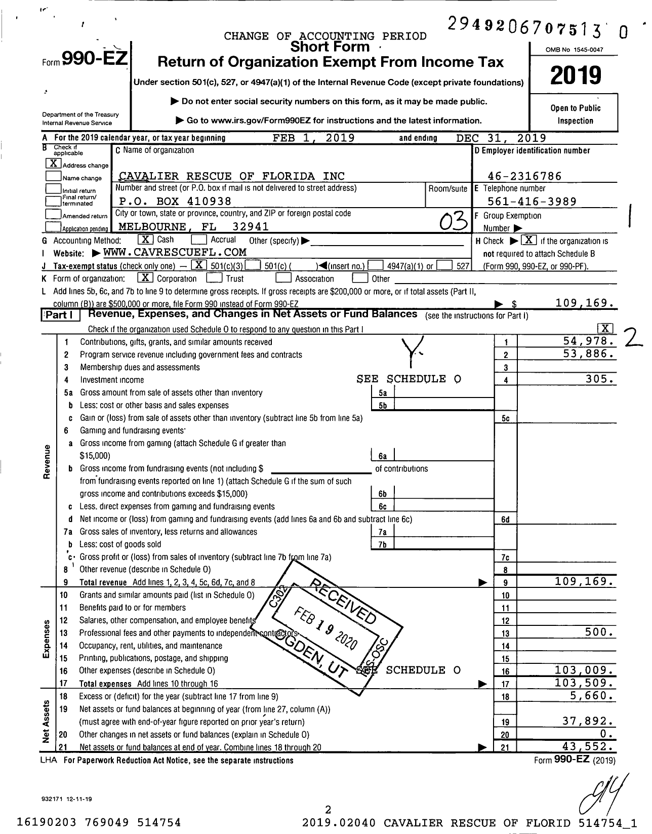 Image of first page of 2019 Form 990EZ for Cavalier Rescue of Florida