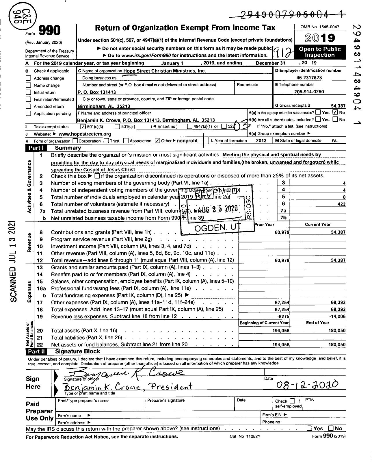 Image of first page of 2019 Form 990 for Hope Street Christian Ministries