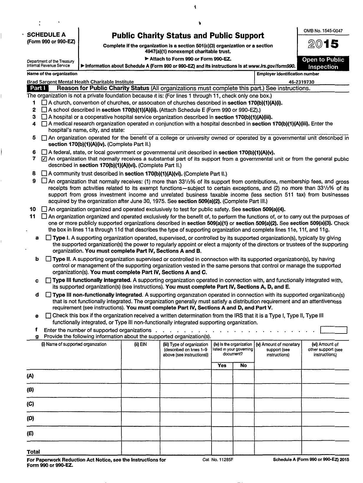 Image of first page of 2015 Form 990ER for Brad Sargent Mental Health Charitable Institute