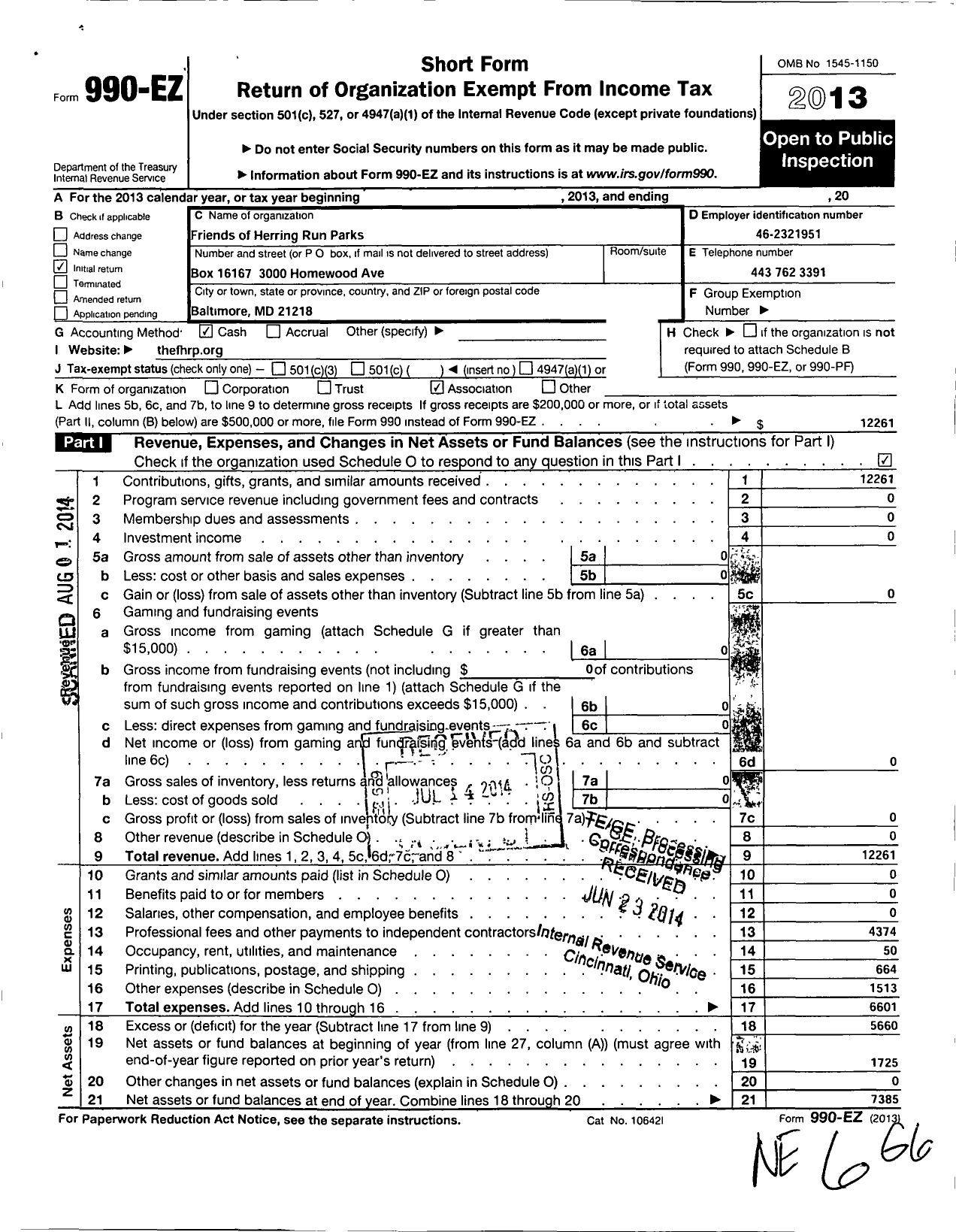 Image of first page of 2013 Form 990EO for Friends of Herring Run Parks