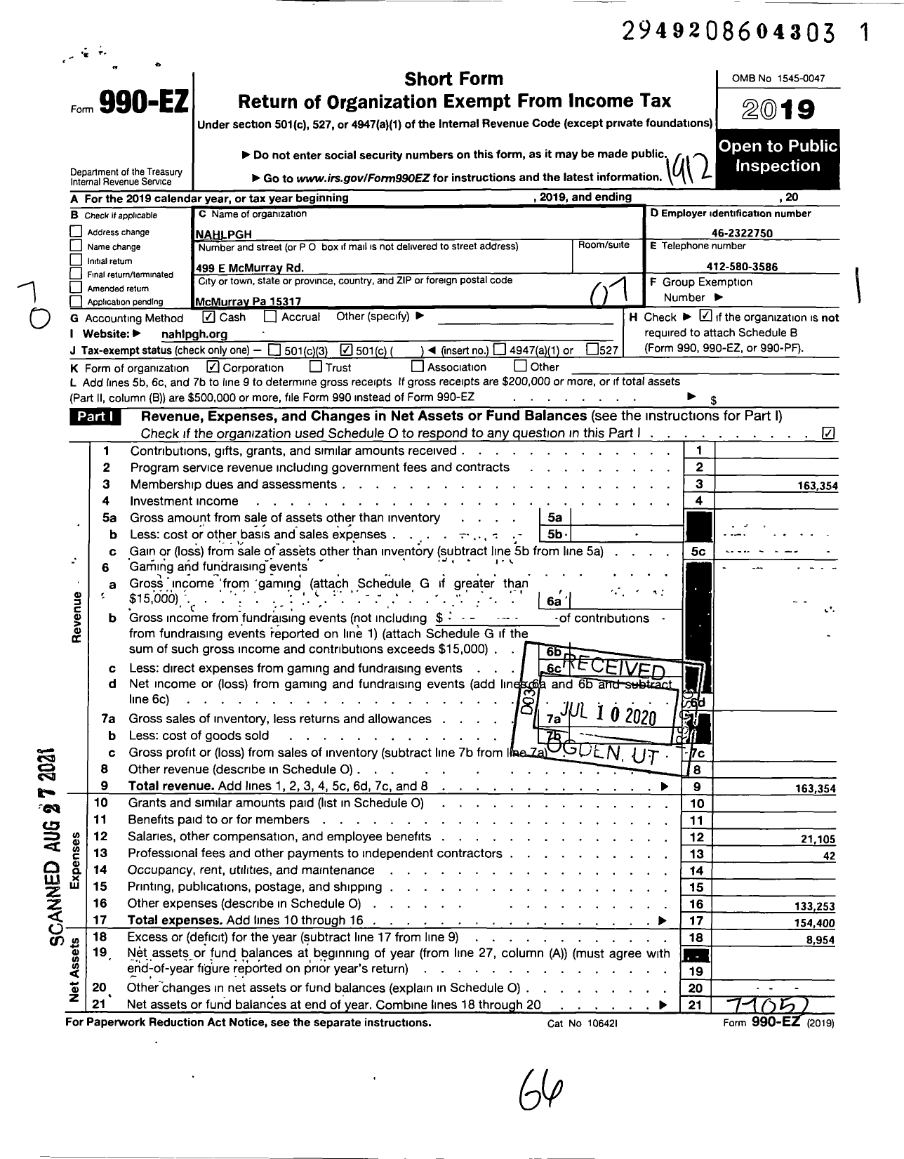 Image of first page of 2019 Form 990EO for Nahlpgh