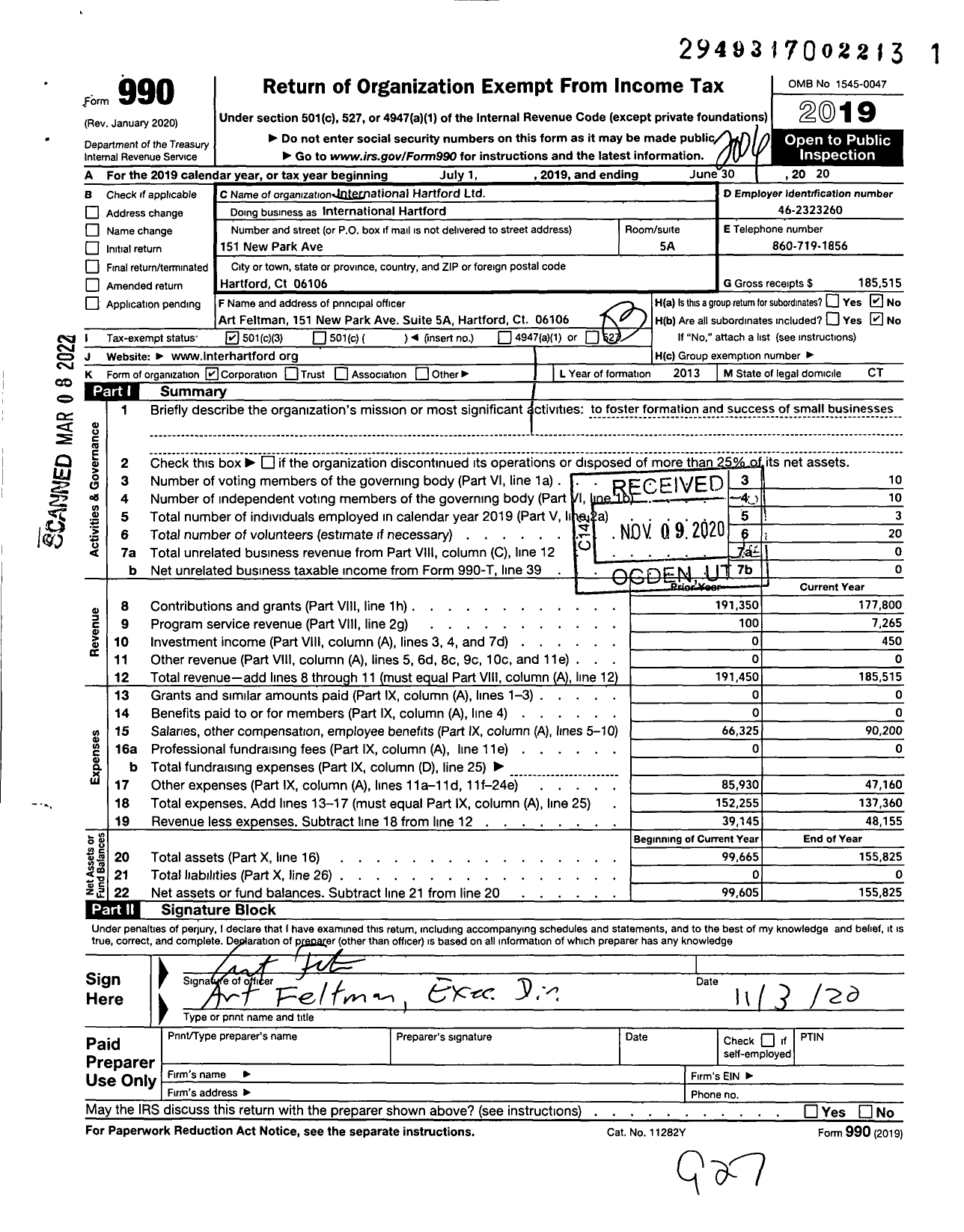 Image of first page of 2019 Form 990 for International Hartford