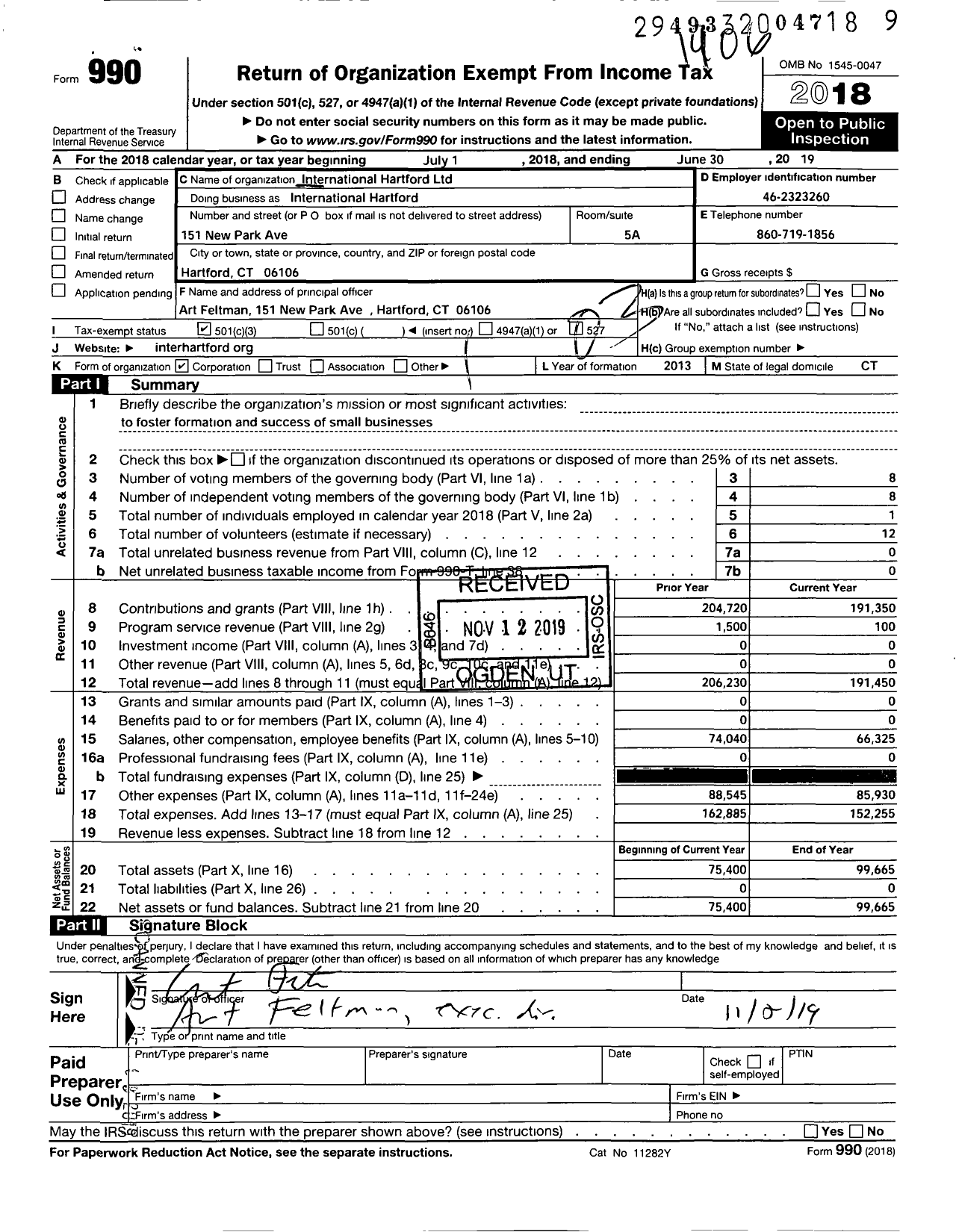 Image of first page of 2018 Form 990 for International Hartford
