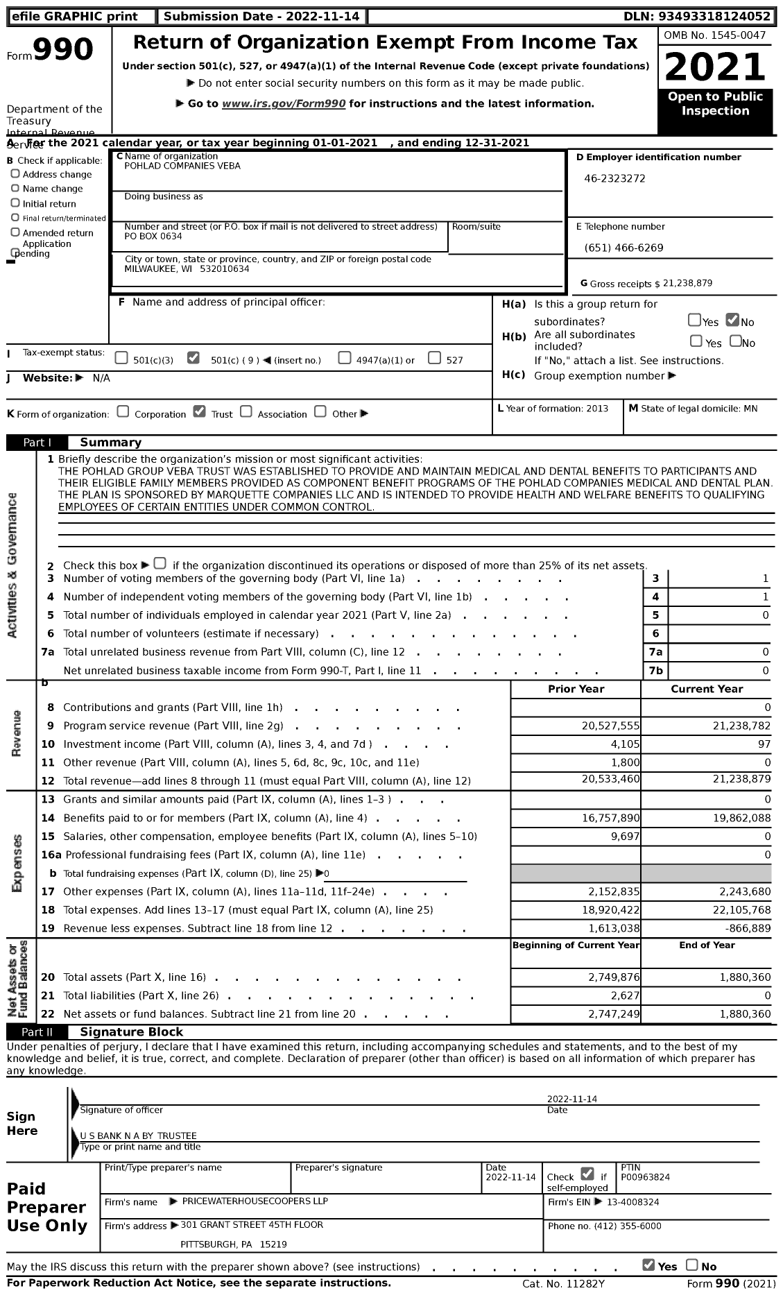 Image of first page of 2021 Form 990 for Pohlad Companies Veba