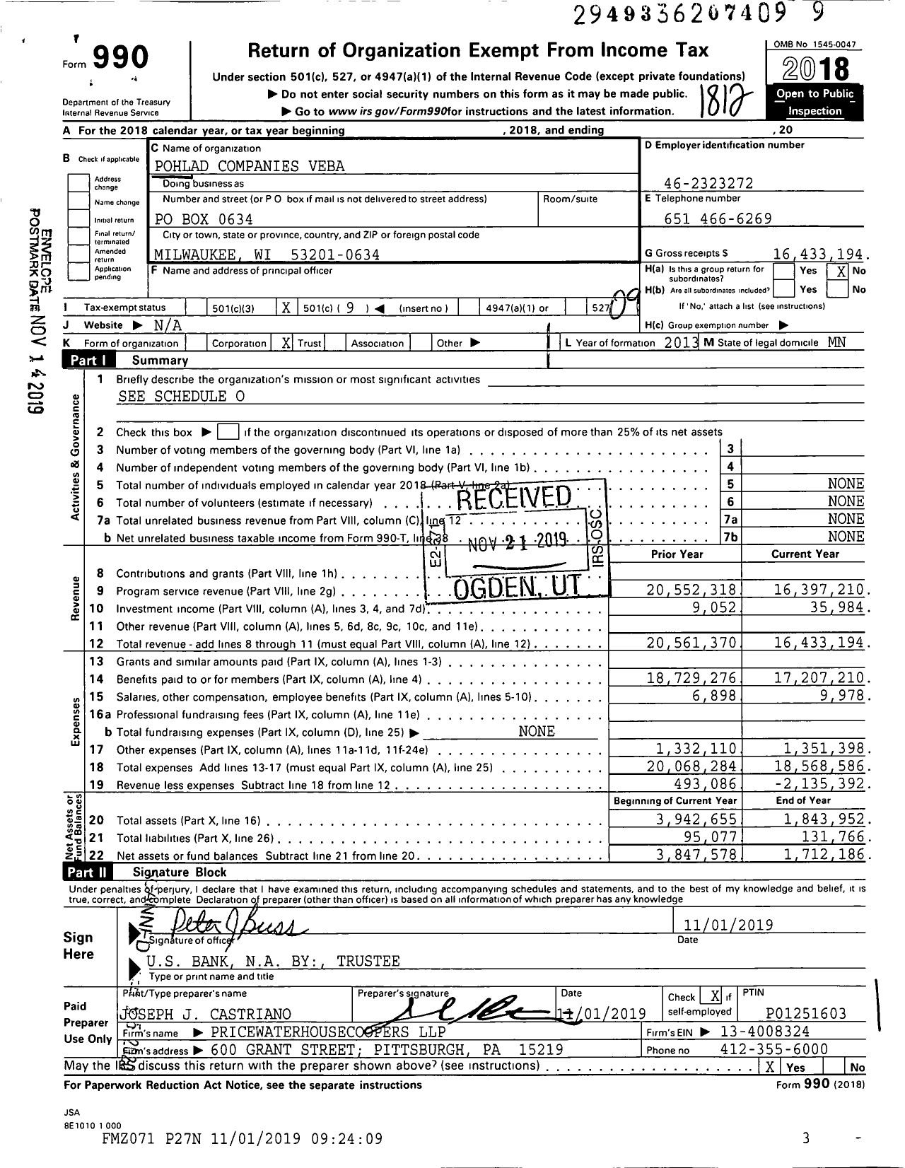 Image of first page of 2018 Form 990O for Pohlad Companies Veba